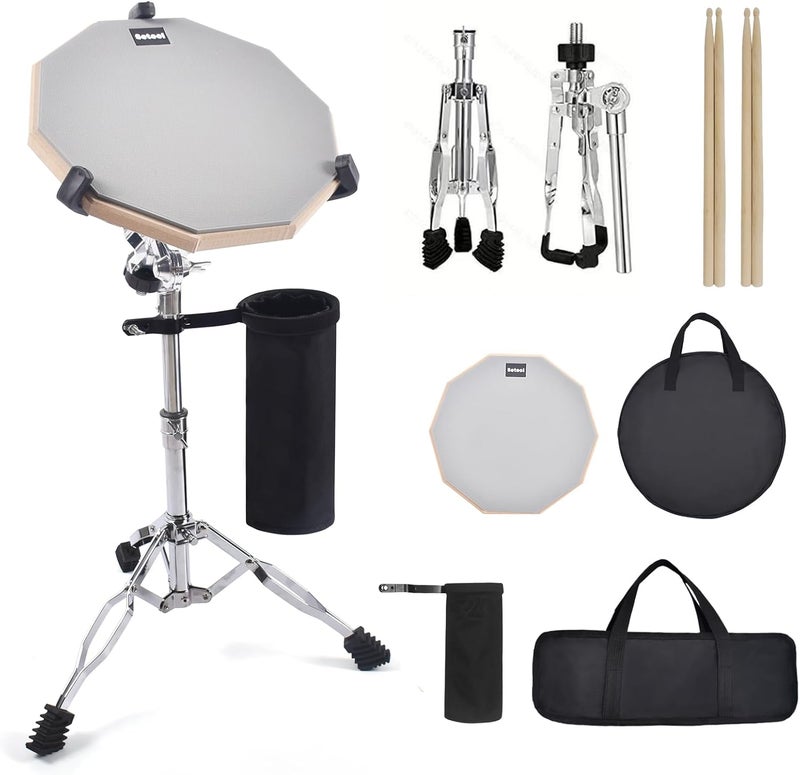 Seteol Drum Practice Pad Set, 12 Inch Double Sided Silent Drum Pad with Storage Bag + Adjustable Snare Drum Stand with Carry Bag + 2 Pair Drum Sticks with Drumstick Holder, Fits 10"-14" Drums (Grey) - Image 1